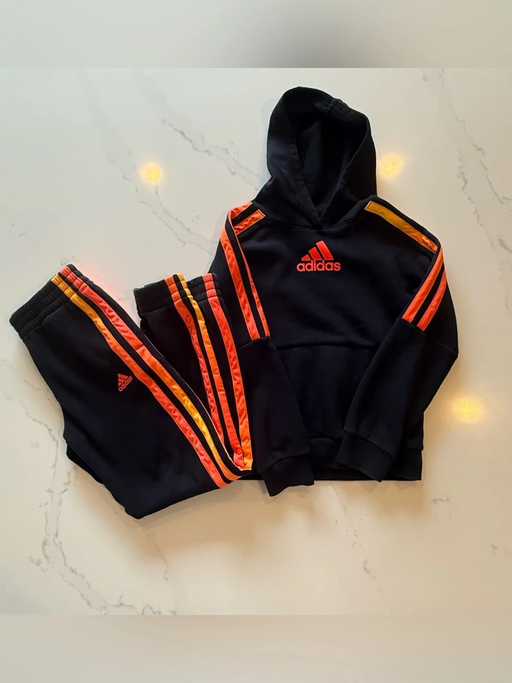 adidas Boys Black Jogger/Hoodie Set with Orange Accent Stripes